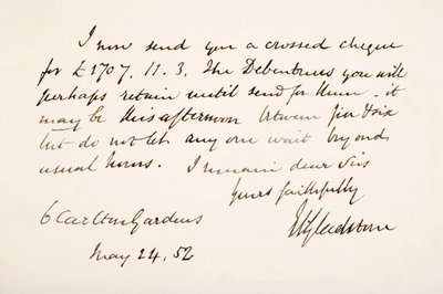 William Eward Gladstonen käsiala ja allekirjoitus, 1852 tekijältä English School
