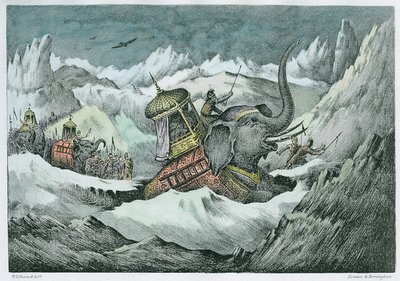 Hannibal (247 - n. 183 eKr.) ja hänen sotanorsunsa Alppien ylityksessä (myöhempi väritys) tekijältä English School