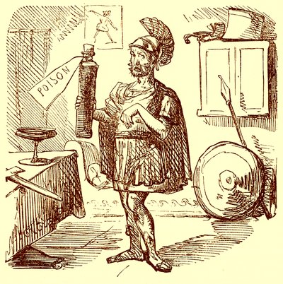 Hannibal pitää tavallisen siistin ja sopivan puheen ennen itsensä tappamista, kuvitus Gilbert Abbott a Beckettin teoksesta The Comic History of Rome, julkaistu n. 1850 (digitaalisesti paranneltu kuva) tekijältä English School