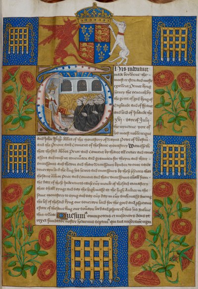 Harley 1498, f.1 Henry VII esittelee lausunnon John Islipille, Westminster Abbeyn apottille, Indentures of Westminster Abbey (vellum) tekijältä English School