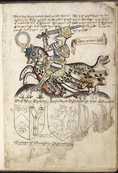 Harley 2169 f. 3 Henrik VI hevosen selässä, vaakuna Henrik VI:n aikana (vellum) tekijältä English School
