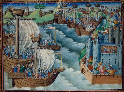 Harley 326, f.29v kristillinen laivasto hyökkää turkkilaisten hallussa olevaan Gaetan satamaan Italiassa, julkaisusta The Three Kings