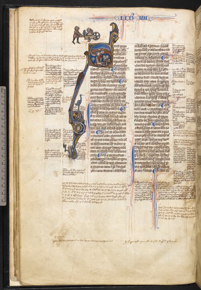 Harley 3487, f.22v Historiallinen alkukirjain "S", jossa mies lukee kirjaa ja osoittaa taivaalle, ja marginaalissa mies työntää alaston miestä kärryissä linnun kanssa, mies kirveellä ja lohikäärme ja ihmispää kirjainmuodossa boo-sanan alussa tekijältä English School