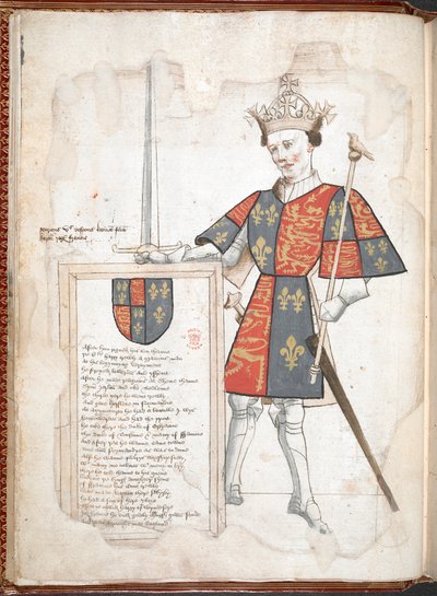 Harley 4205 f.7v Englannin kuningas haarniskassa ja viirassa (Henry V) julkaisusta "Sir Thomas Holme
