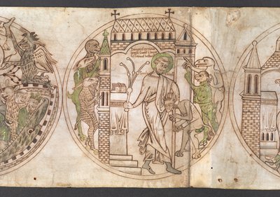Harley Roll Y 6, Roundel 9, Roundel of St Guthlac (nimillä "Guthlacus") ruoskimassa petollisia demoneita, jotka ovat tunkeutuneet hänen taloonsa [um]
