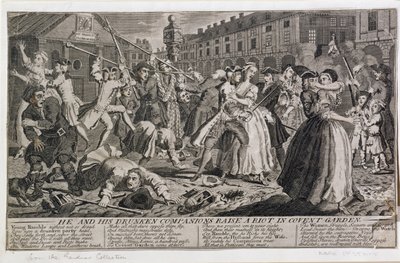 Hän ja hänen humalaiset kumppaninsa nostavat mellakan Covent Gardenissa, 1735 tekijältä English School