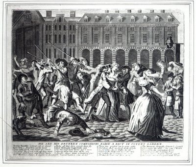 Hän ja hänen humalaiset kumppaninsa nostavat mellakan Covent Gardenissa, Hogarthin "A Rake