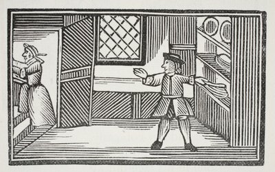 Hän meni ruokakaappiin ja auttoi itsensä syömään leipää ja voita, kuvituksen John Ashtonin pubista Chap-books of the Eightenth Century. 1882 tekijältä English School