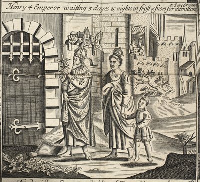 Henry 4 Keisari odottaa 3 päivää ja yötä pakkasessa ja lumessa päästäkseen paavi Gregoryn luo, kuvitus John Foxen teoksista Apostolien teot ja monumentit, yhdeksäs painos, pubi. 1684 tekijältä English School