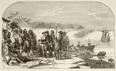 Henry Hudson tarjoaa viinaa intiaaneille vuonna 1609 (litho) tekijältä English School