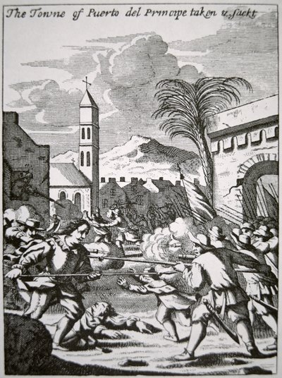 Henry Morgan valloittaa ja ryöstää Puerto de Principen kaupungin Kuubassa vuonna 1668, kuvitus John Esquemelingin teoksesta "The Buccaneers of America", julkaistu 1699 (kaiverrus). tekijältä English School