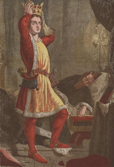 Henry, Walesin prinssi, tuleva kuningas Henry V, kokeilemassa isänsä kruunua (chromolitho) tekijältä English School