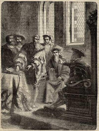 Henrik VIII. ja hänen neuvostonsa, joka määräsi Raamatun kääntämisen englanniksi - 1538 - kaiverrus Cassell Petter & Galpinin kirjasta "Englannin historia" tekijältä English School