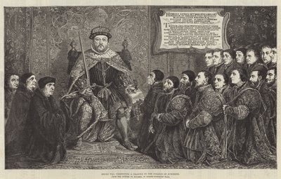 Henry VIII esittelee peruskirjan College of Surgeonsille (kaiverrus) tekijältä English School
