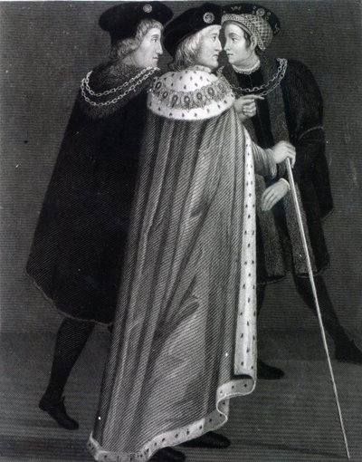 Henry VII Richard Empsonin ja Sir Edmund Dudleyn kanssa (kaiverrus) tekijältä English School