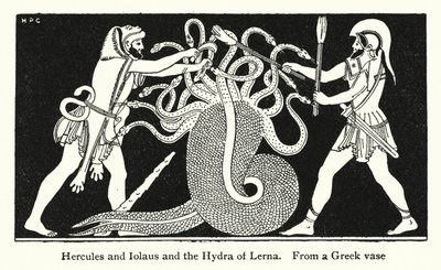 Hercules ja Iolaus ja Lernan hydra (litho) tekijältä English School