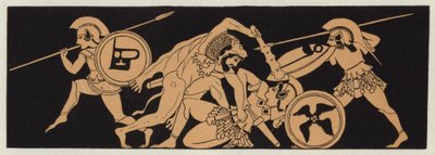 Hercules ottamassa amatsonikuningatar Penthesilean vyötä (värilitografia). tekijältä English School