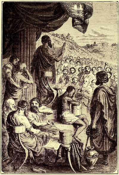 Herodotos lukee historiaansa julkisella festivaaleilla, kuvitus teoksesta The Illustrated History of the World, julkaistu n. 1880 (digitaalisesti paranneltu kuva) tekijältä English School