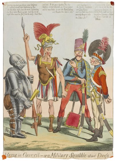 "Sankarit neuvostossa - tai sotilaallinen kiista pukeutumisesta", n. 1820 (värinen kaiverrus) tekijältä English School