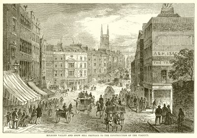 Holborn Valley ja Snow Hill ennen maasillan rakentamista tekijältä English School