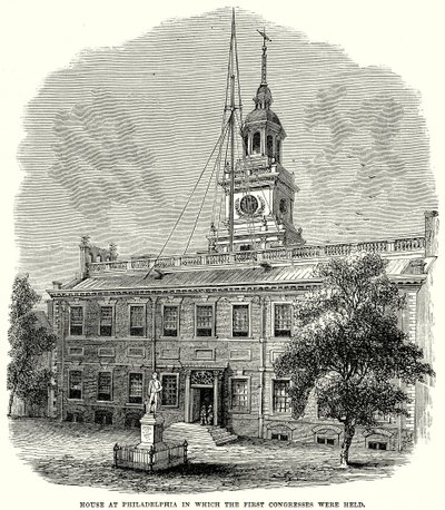 Philadelphian talo, jossa pidettiin ensimmäiset kongressit (kaiverrus). tekijältä English School