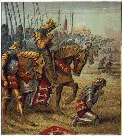 Satavuotinen sota: "" Azincourtin taistelu 25.10.1415"". Kuningas Henrik V (1387-1422) rukoili ennen kuin kohtasi ranskalaiset joukot. Agincourtin taistelu: Kuningas Henrik Viides rukoilee voittoa ennen taistelua. tekijältä English School