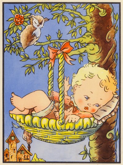 "Hush-a-Bye Baby puun latvassa" (värilitografia) tekijältä English School