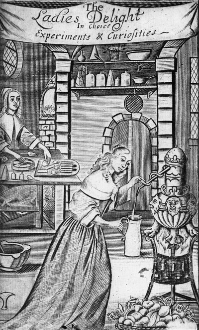 Kuvitus Hannah Woolleyn teoksesta "The Ladies Delight in choice experiments and curiosities", 1672 tekijältä English School