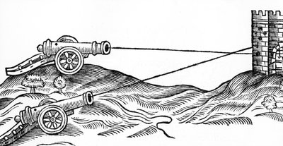 Kuva tykin tulesta Thomas Smithin (fl.1600-27) teoksessa The Art of Gunnery, 1628 tekijältä English School