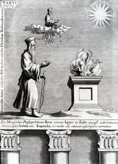 Kuva Zoroasterista, joka palvoo tulta ja aurinkoa, 1697 tekijältä English School