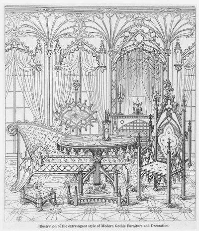 Kuva modernien goottilaisten huonekalujen ja sisustuksen ylellisestä tyylistä, Augustus Welby Puginin (1812-52) teoksesta True Principles of Pointed of Christian Architecture tekijältä English School