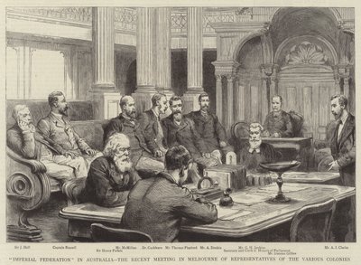 "Imperial Federation" Australiassa, äskettäinen eri siirtokuntien edustajien kokous Melbournessa (kaiverrus) tekijältä English School