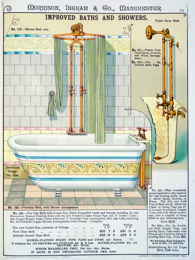 Parannettuja kylpyjä ja suihkuja saniteettitavaraluettelosta, jonka on tuottanut Morrison, Ingram & Co., Manchester, julkaistu noin 1890 tekijältä English School