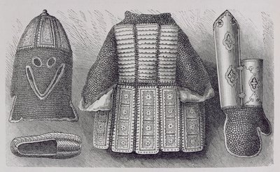 Intialainen panoppi, joka koostuu kypärästä, tunikasta, käsineistä ja kengistä Bhujista, The History of Mankind, Vol.III, prof. Friedrich Ratzel, 1898 tekijältä English School