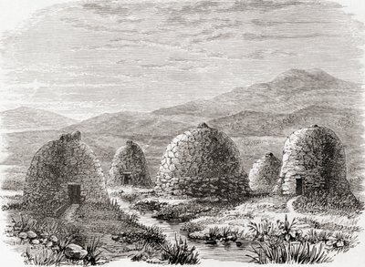 Asuttuja mökkejä Uigissa, Lewisin saarella Ulko-Hebrideillä vuonna 1859, Samuel G. Greenin vuonna 1886 julkaistusta "Skotlannin kynällä ja kynällä piirretyistä kuvista" tekijältä English School