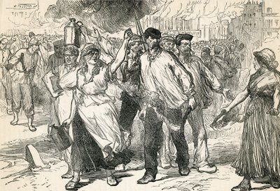 Pariisin katuja tuhoavat kapinalliset, otettu Cassells Illustrated Historysta, 1872 tekijältä English School