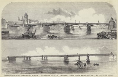 Suunniteltu uusi Blackfriars Bridge, Lontoo, Lontoo, Chatham ja Dover Railway Bridge, Blackfriarsissa (kaiverrus) tekijältä English School