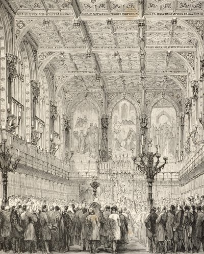 The Interior of the House of Lords, William Hickman Smith Aubreyn (1858-1916) julkaisusta The National and Domestic History of England, julkaistu Lontoossa, noin 1890 tekijältä English School