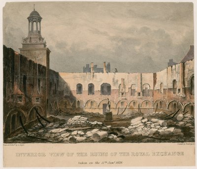 Sisäkuva Lontoon Royal Exchangen raunioista, otettu 11. tammikuuta 1838 tekijältä English School