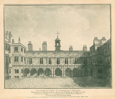 Sisäkuva Somerset House, The Strand, Lontoo; perustuu W Mossin vuonna 1777 piirtämään printtiin tekijältä English School