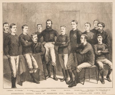 Kansainvälinen jalkapalloottelu Kennington Ovalissa: Englanti vs. Skotlanti - The Scotch Team, The Graphic, 1879 tekijältä English School