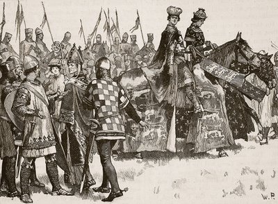 Becketin ja kuningas Henryn haastattelu, kuvitus Cassells Illustrated History of Englandista (seepiakuva) tekijältä English School
