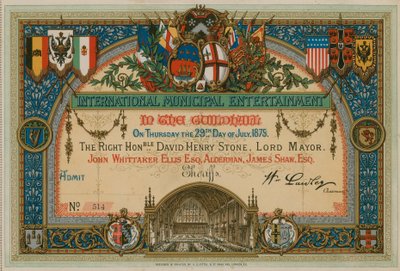 Kutsu International Municipal Entertainment -tapahtumaan Guildhallissa Lontoossa 29. heinäkuuta 1875 tekijältä English School