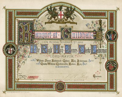 Kutsu juhlaan Lontoon Guildhallissa 9. marraskuuta 1868 tekijältä English School