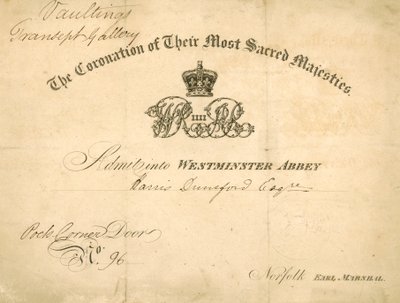 Kutsu kuningas William IV:n ja kuningatar Adelaiden kruunajaisiin tekijältä English School