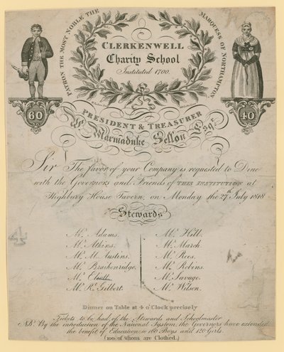 Kutsu Clerkenwell Charity Schoolin illalliselle tekijältä English School