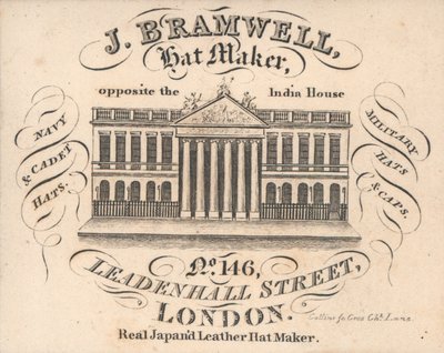 J Branwell, hattuvalmistaja, 146 Leadenhall Street, kauppakortti tekijältä English School