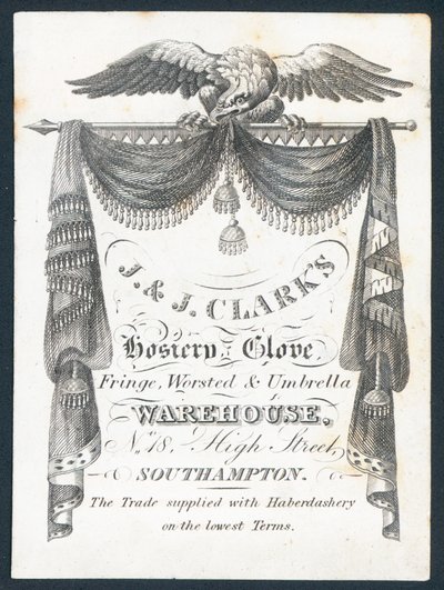 J & J Clarks, sukat, hanskat, hapsut, kampa- ja sateenvarjovarasto, kauppakortti tekijältä English School