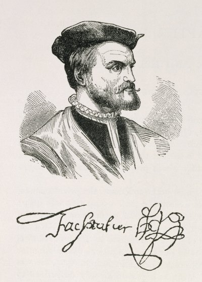 Jacques Cartier (1491-1557) kuvitus osasta IV "Narrative and Critical History of America", 1886 tekijältä English School