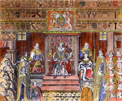 James I Englannista (1566-1625) Courtissa, (kaiverrus) (myöhempi väritys) tekijältä English School